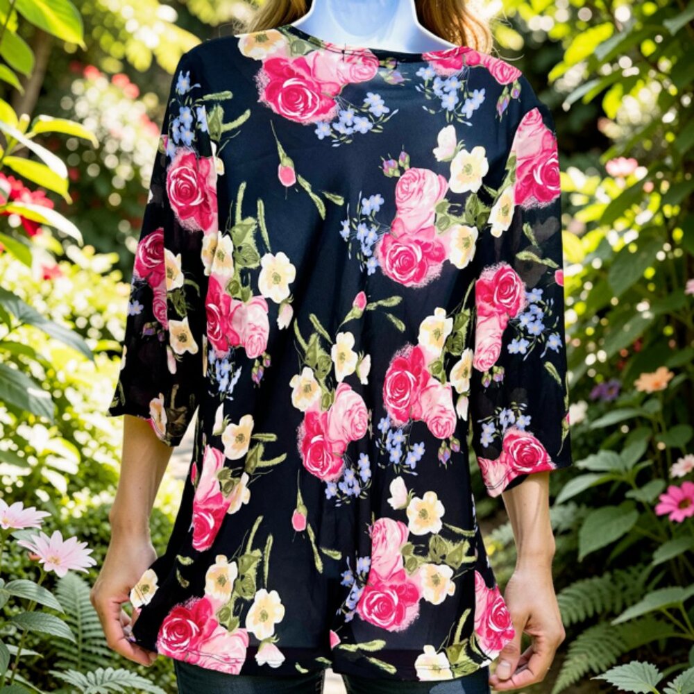 Fred David & Only Nine Blouse  XL V-Neck  pink Ivery  Flora Long Sleeve(#54 - Picture 5 of 10